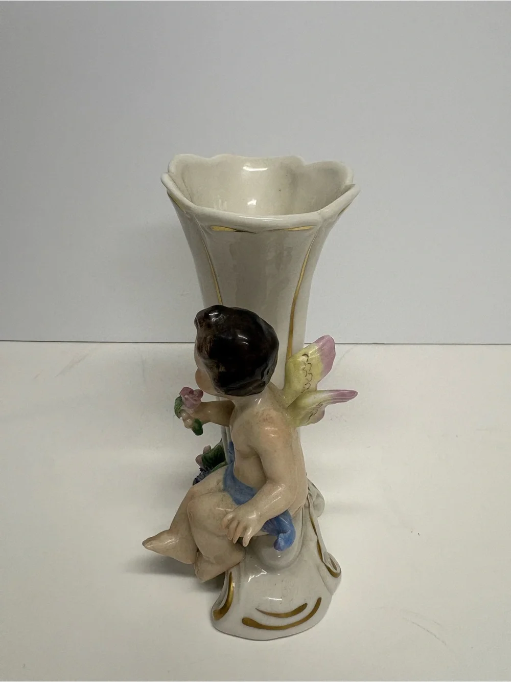 Vintage Porcelain Cherub Cornucopia Vase in White and Gold